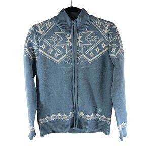 Norge Womens Cardigan Sweater Wool Blend Full Zip Fair Isle Blue Ivory M